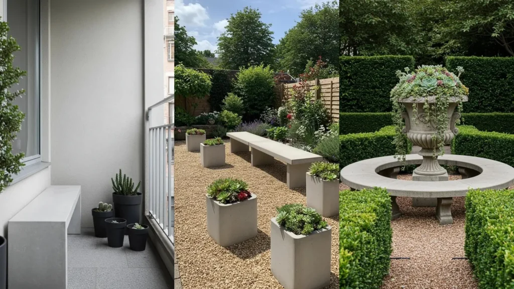Sleek concrete garden bench and modern concrete planters filled with lush succulent arrangements.