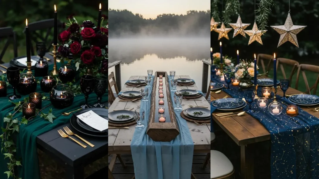 Soft romantic engagement party tables with gauzy runners, floating candles, and ambient lighting for a dreamy celebration.