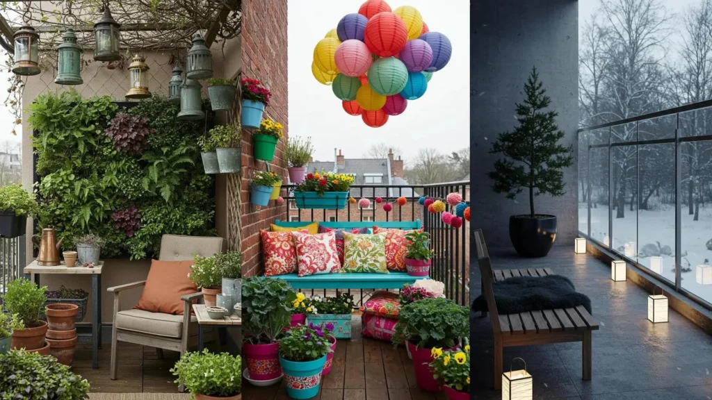 Softly lit winter balcony with glowing lanterns, warm cushions, and snowy trees for cozy outdoor moments.