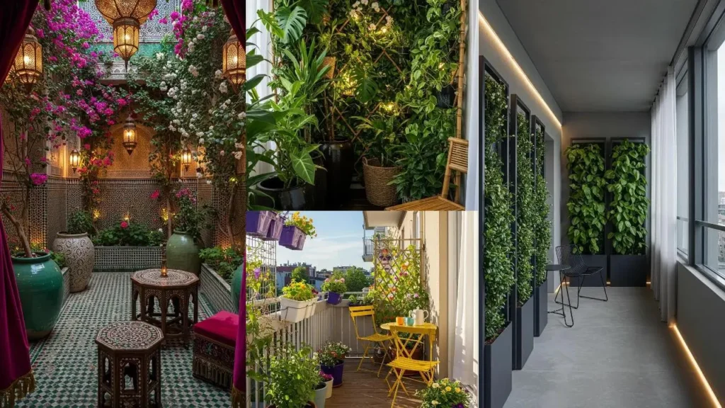 Vibrant urban green corners with climbing flowers, a bistro set, and lush vertical gardens.