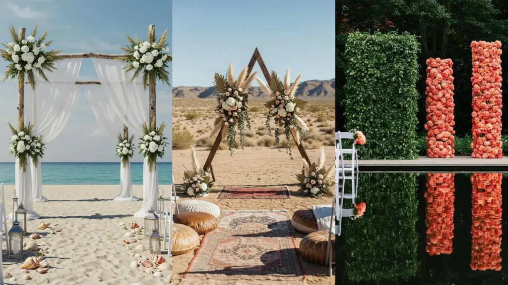 Whimsical wedding ceremony backdrops with vibrant peony-like flowers and lush greenery in diverse settings.