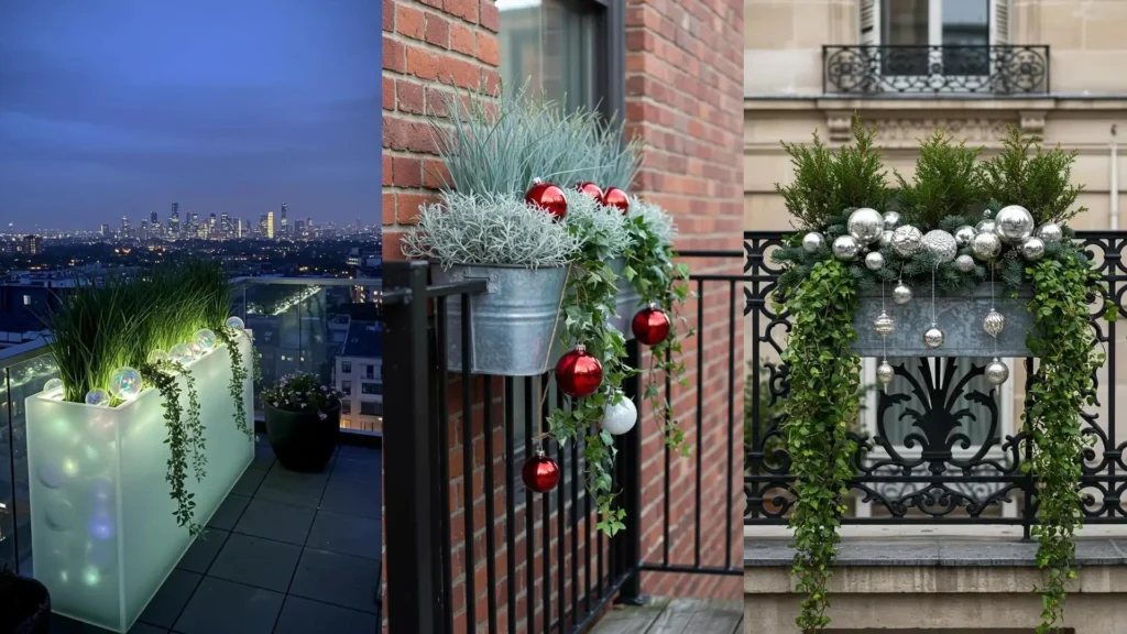 Balcony window boxes with evergreen plants, lush spillers, and festive hanging baubles for seasonal decor ideas.
