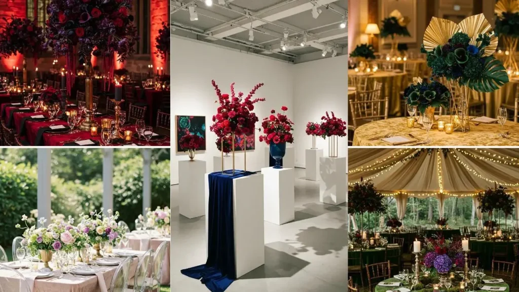Various bold jewel-toned wedding floral centerpieces paired with plush velvet linens for luxurious event decor.