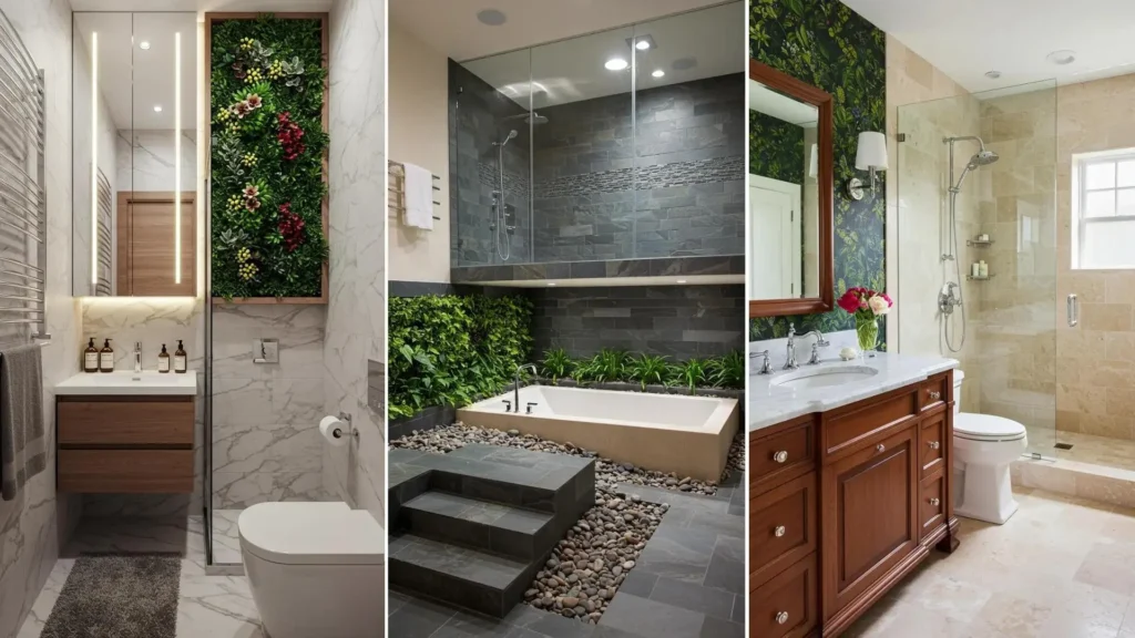 Three botanical sanctuary bathrooms featuring living walls, glass showers, and stone elements.