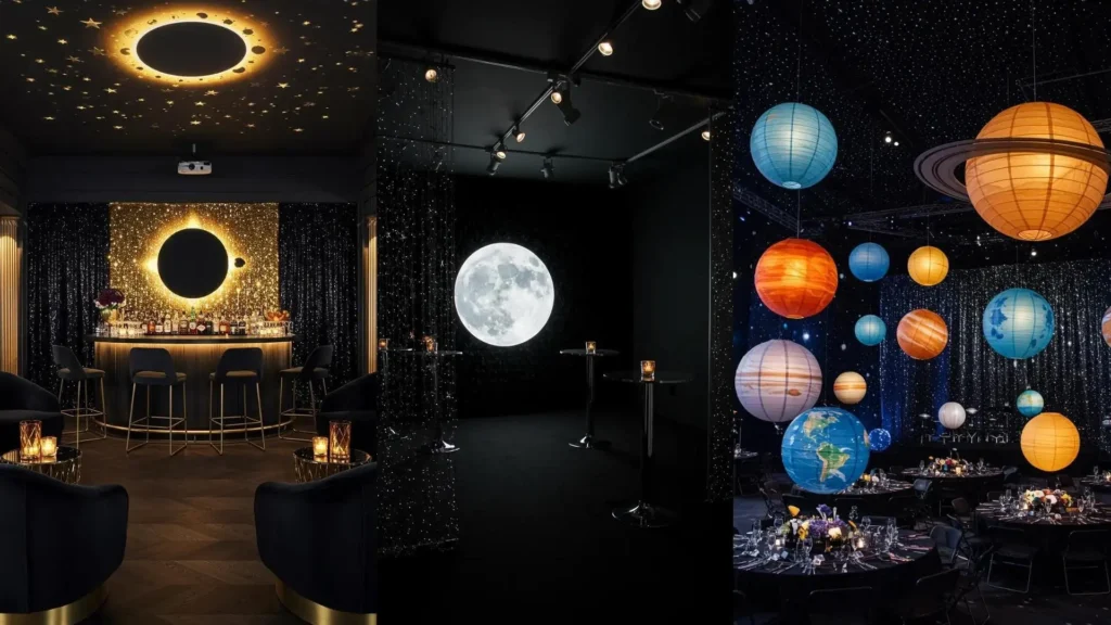 Night sky party decor featuring moon phases, colorful planet lanterns, sparkling star curtains, and a chic dark bar.