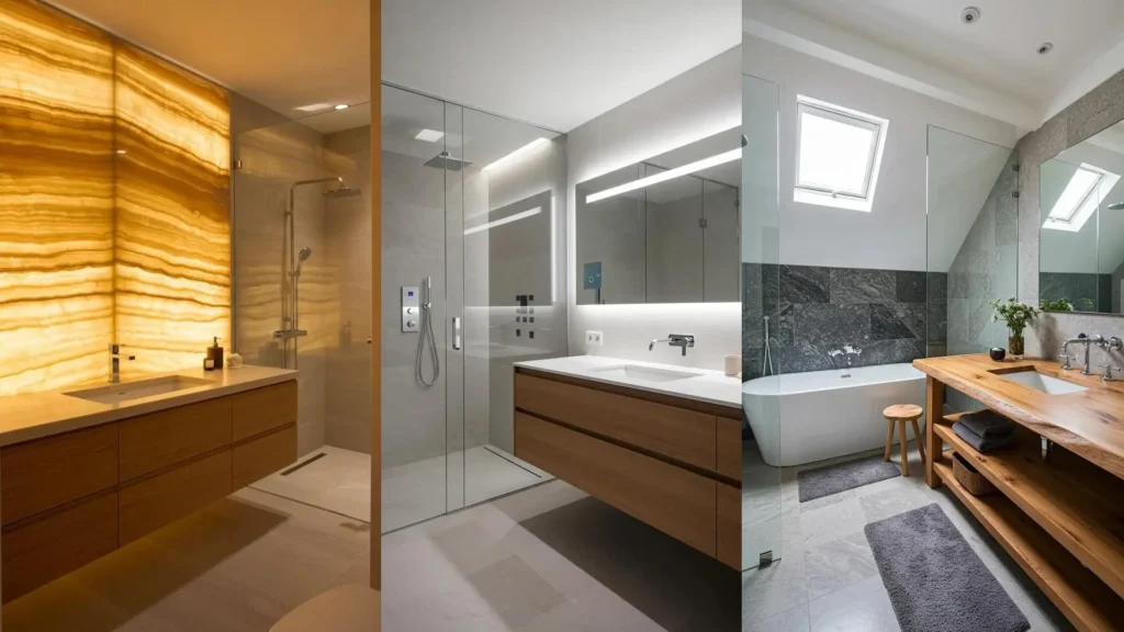 Contemporary bathrooms featuring glass showers, floating oak vanities, and elegant stone accent walls.