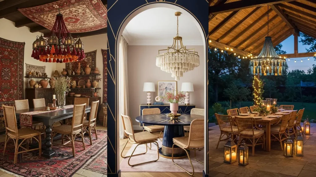 Eclectic bohemian dining rooms featuring colorful tassel chandeliers and stylish rattan chairs.