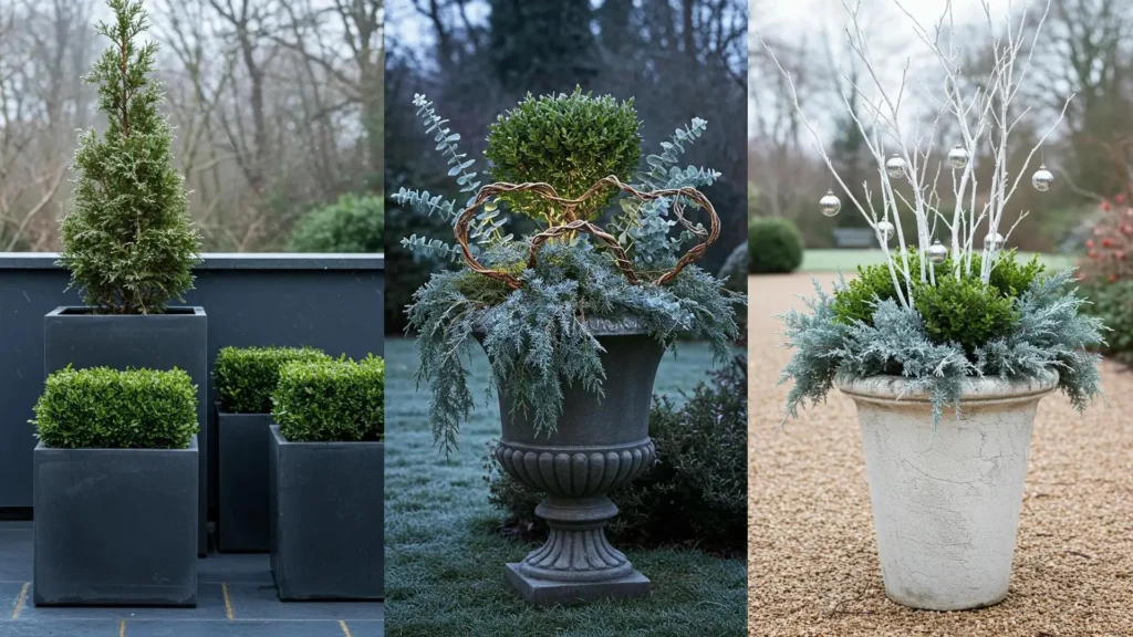Elegant winter garden containers showcasing juniper, boxwood, and frosted evergreens dusted with glistening ice.