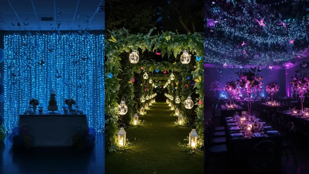 Enchanted garden party with LED fairy lights, lanterns, and butterfly garlands, creating magical decor.