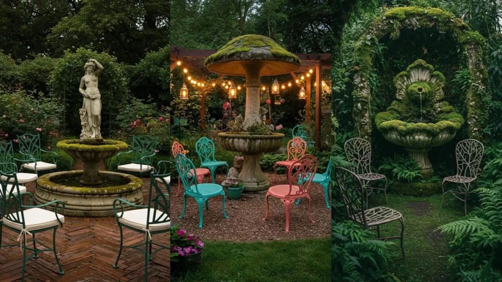 Enchanted gardens with moss-covered stone fountains and various wrought iron chairs.