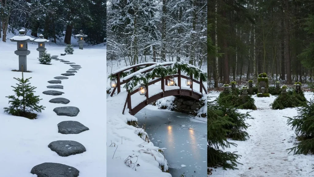 Enchanted winter garden paths adorned with glowing lanterns, spruce boughs, and fresh snow.