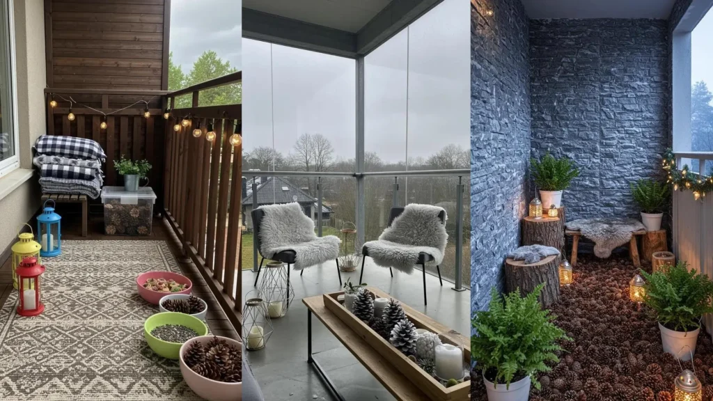 Frost-kissed balconies featuring pinecones, glowing lanterns, and cozy throws for winter outdoor comfort.
