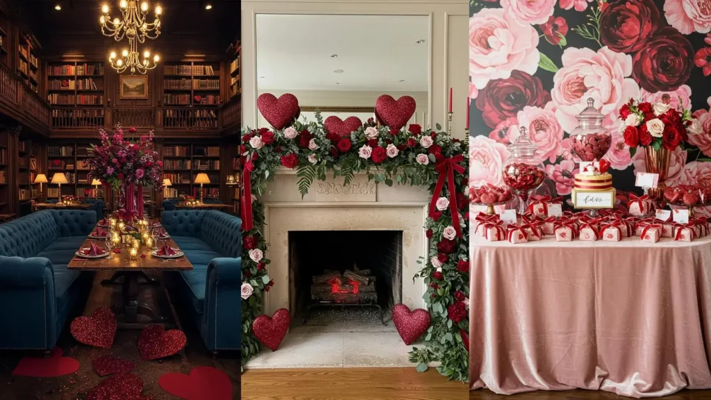 Glamorous Valentine's party decor with bold floral arrangements, sparkling glitter hearts, and luxe velvet accents.