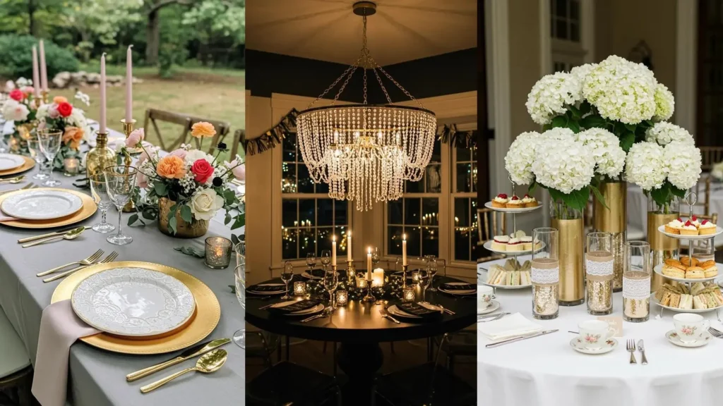 Classy party decorations: gold place settings with lace details, pearl-like chandeliers, and floral arrangements.