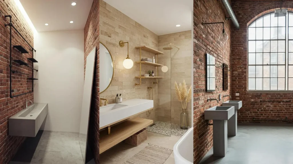 Three industrial chic bathrooms with exposed brick walls, pipe shelving, and concrete vanities.