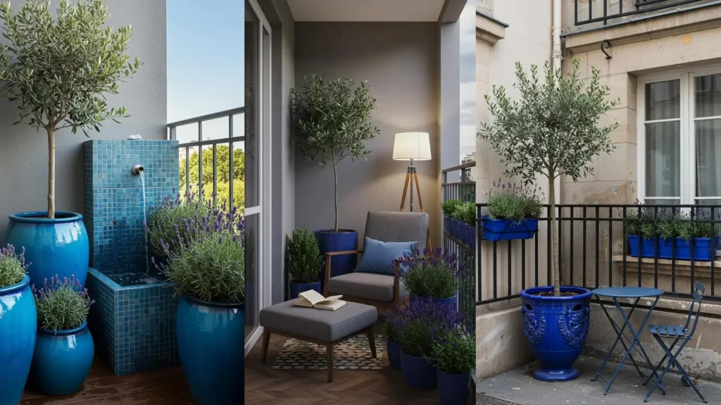 Vibrant Mediterranean balcony garden with blue ceramic pots, lush olive trees, and fragrant lavender flowers.