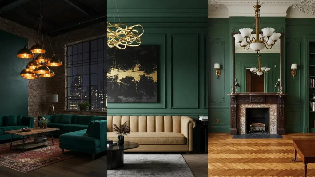 Three moody living rooms with emerald green walls and gold lighting fixtures, showcasing luxurious jewel tone decor.