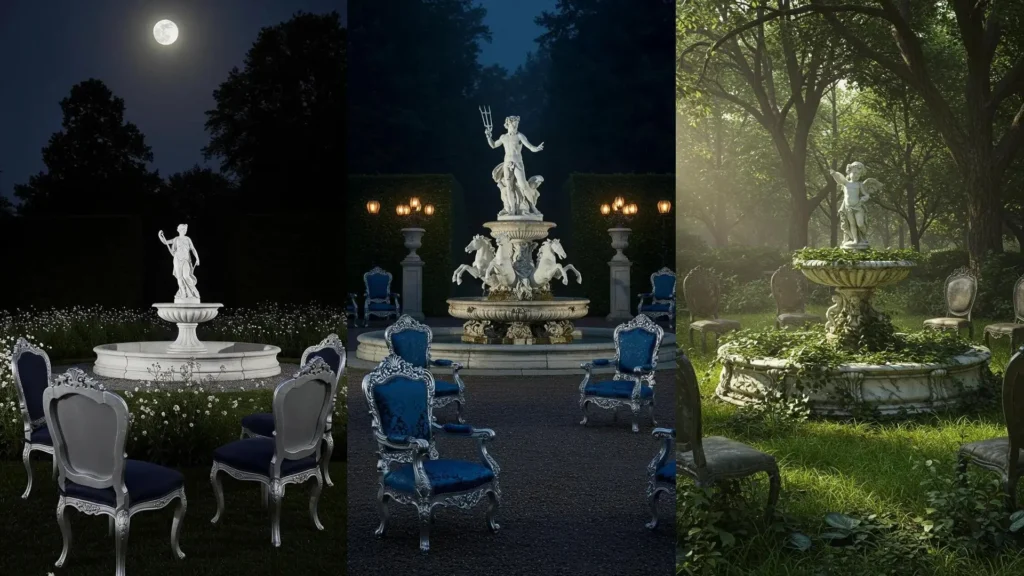 Ornate baroque garden chairs surround elegant marble fountain centerpieces in three unique outdoor scenes.