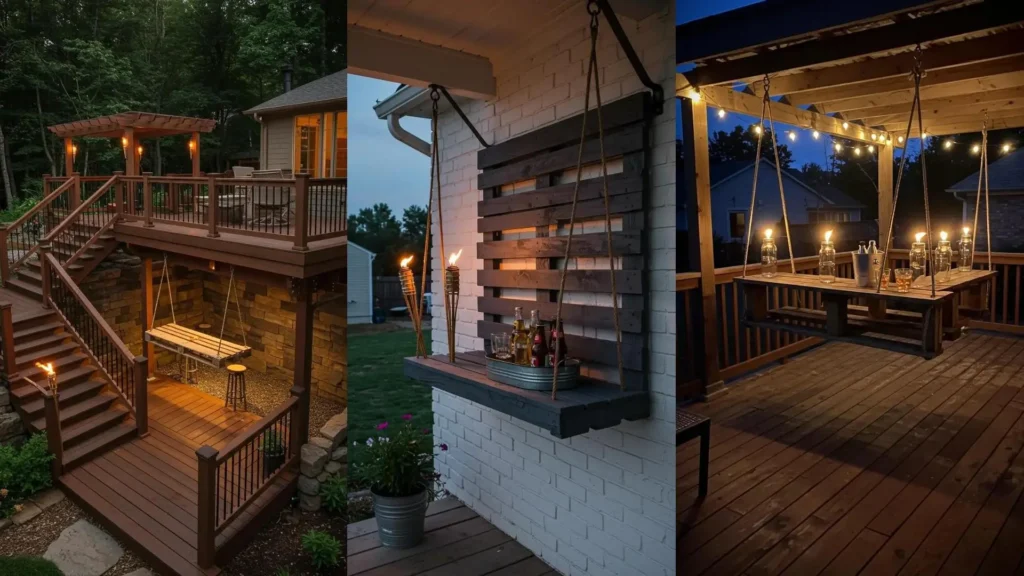 Pallet wood hanging bar on a deck with mason jar tiki torch holders providing warm light.