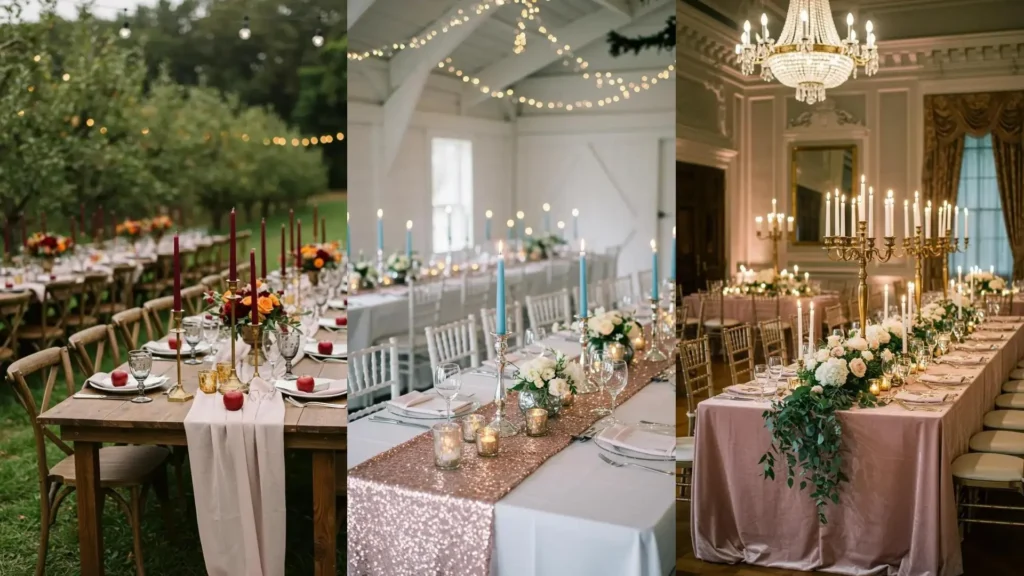 Romantic wedding reception tables with blush linens, tapered candles, and delicate glassware.