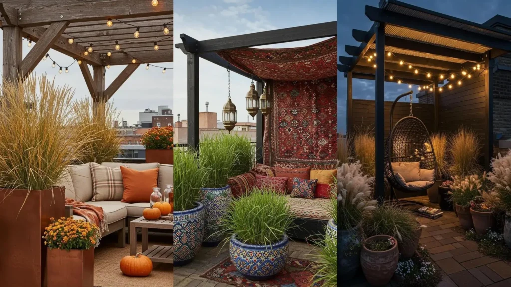 Rooftop garden with pergola lights, ornamental grasses, and inviting lounge corners.