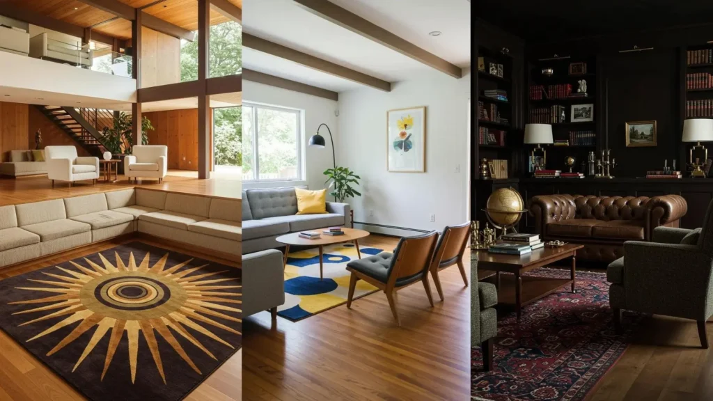 Mid-century modern living rooms with tapered leg chairs and bold geometric rugs, featuring stylish decor and warm wood tones.