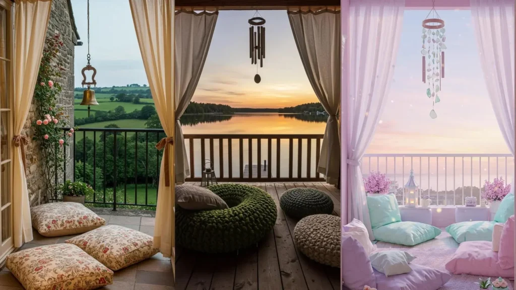 Cozy balconies with oversized floor pillows, wind chimes, and sheer curtains perfect for sunset viewing.