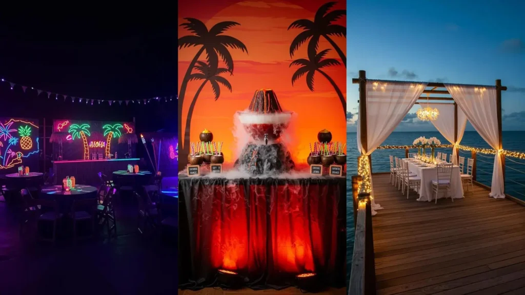 Tropical luau party decorations featuring neon pineapple signs, a volcano punch, and tiki torch lighting.