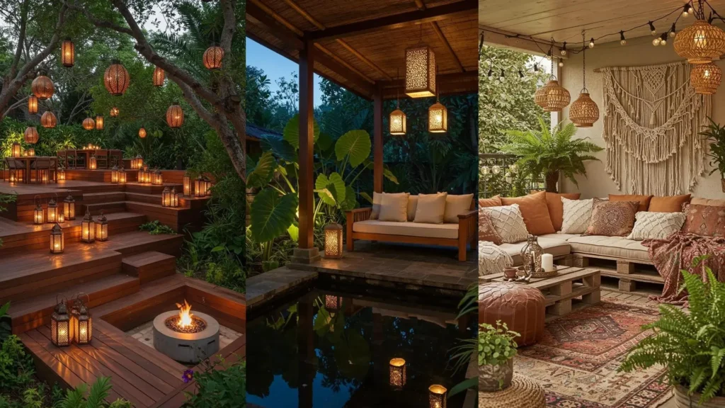 Tropical patio scenes featuring exotic foliage, inviting seating, and warm glow lanterns.