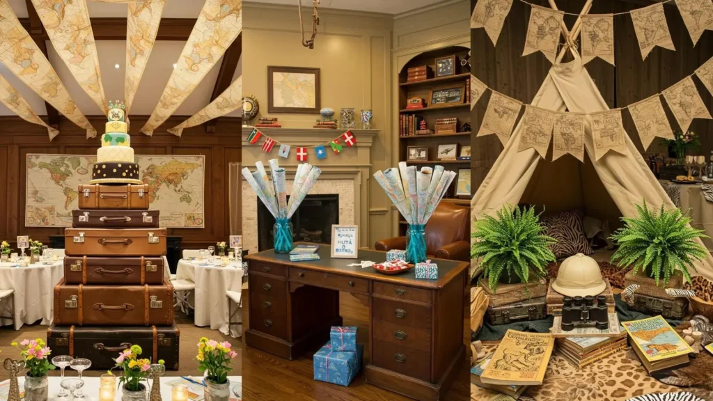 Vintage travel birthday decor with map banners, stacked suitcase centerpieces, and an adventure tent.