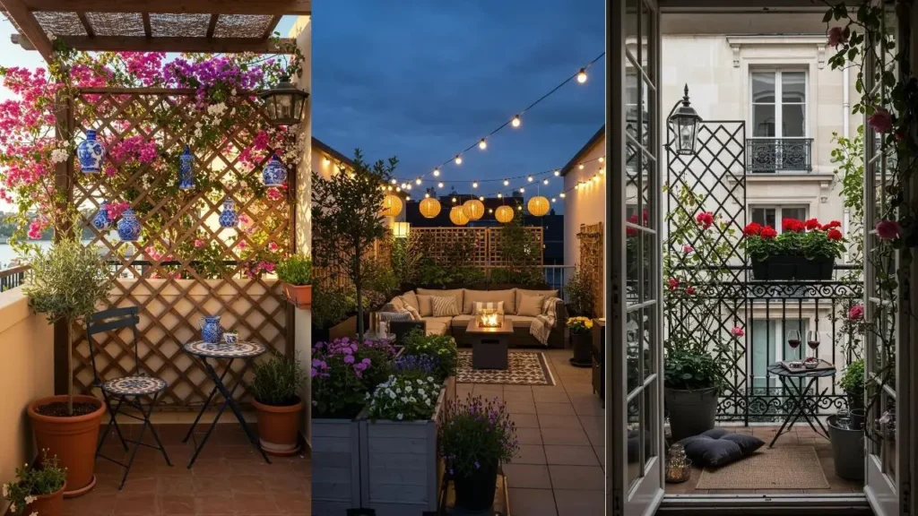 Cozy balcony gardens with privacy screens, lush plants, string lights, and hanging lanterns.