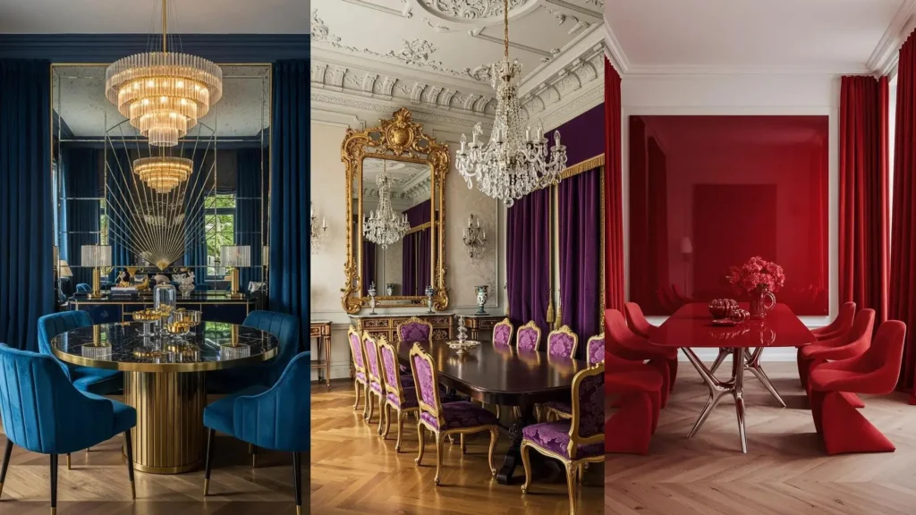 Bold jewel-toned dining rooms featuring luxurious blue with mirrored wall, rich purple with velvet drapes, and vibrant red.