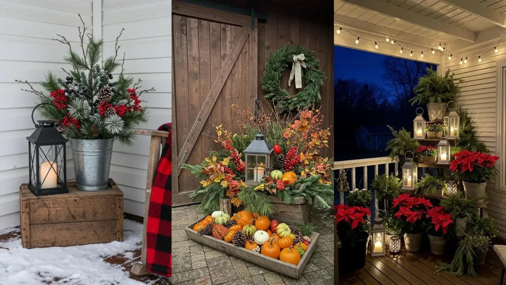 Charming outdoor Christmas setup with glowing rustic lanterns, lush pine accents, and festive holiday decor.