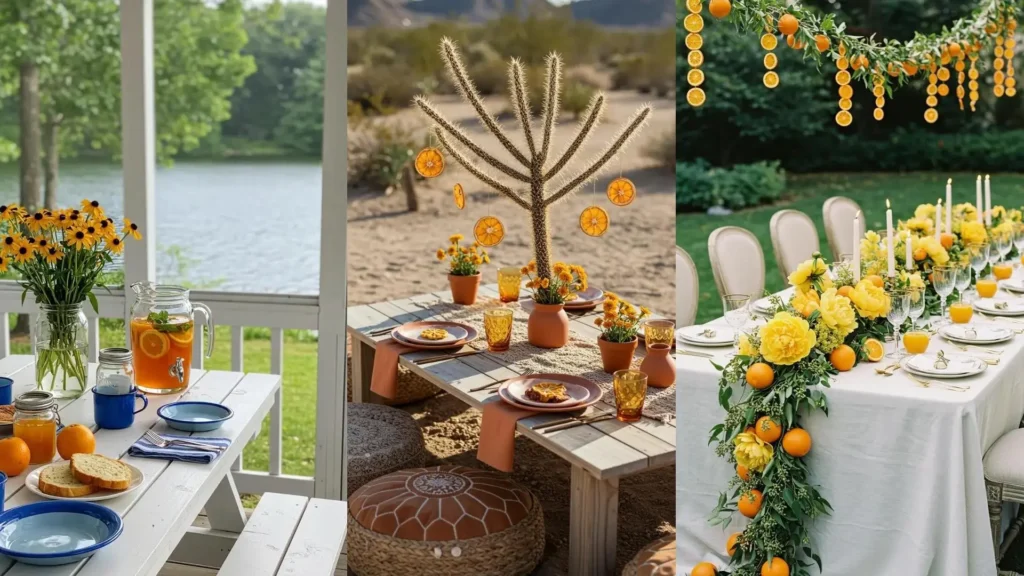 Three vibrant citrus-themed brunch tablescapes with orange slice decor & yellow florals.