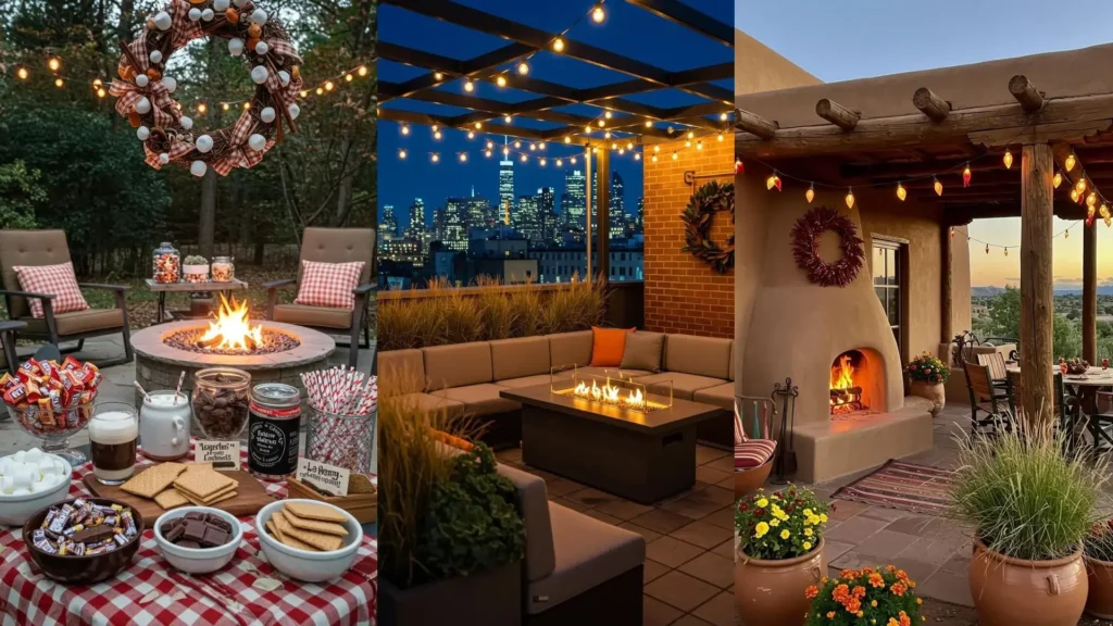 Cozy outdoor fall party decorations featuring fire pits, string lights, and seasonal wreaths in various settings.