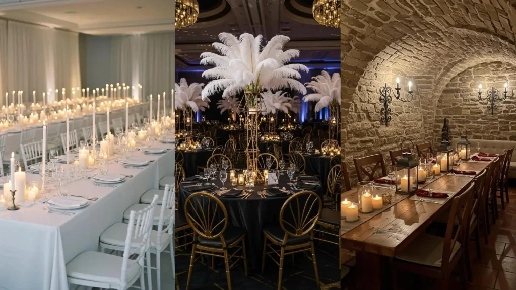 Elegant candlelit dinner party decor for adult milestone birthdays with white, black, and rustic table settings.