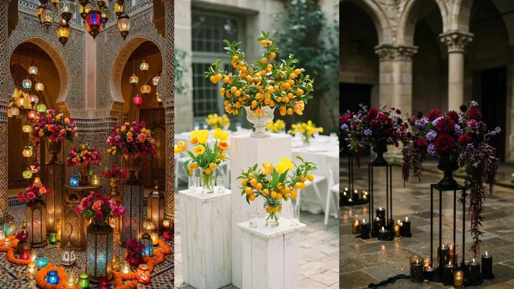 Elegant garden-chic courtyard wedding decorations with flower pedestals and abundant glowing candles.