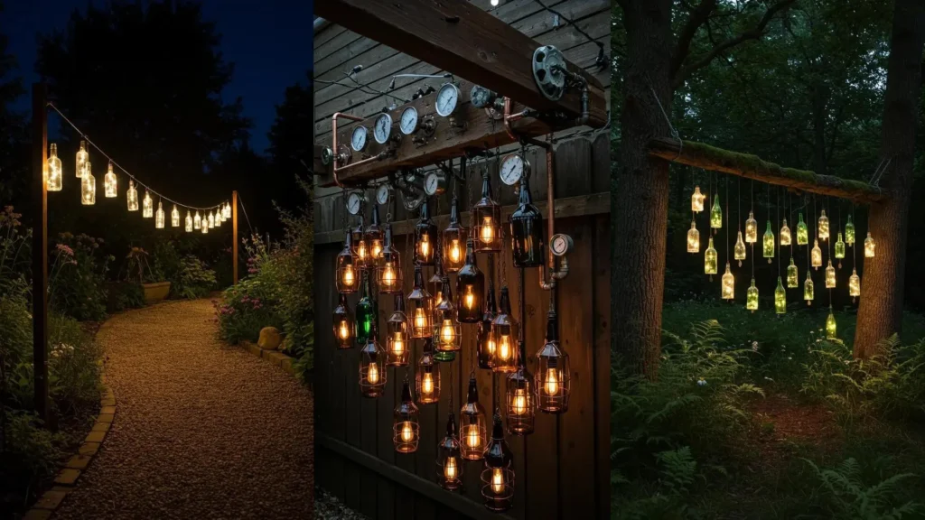 Various DIY outdoor glass bottle wind chimes and lanterns hanging from reclaimed beams and trees at night.