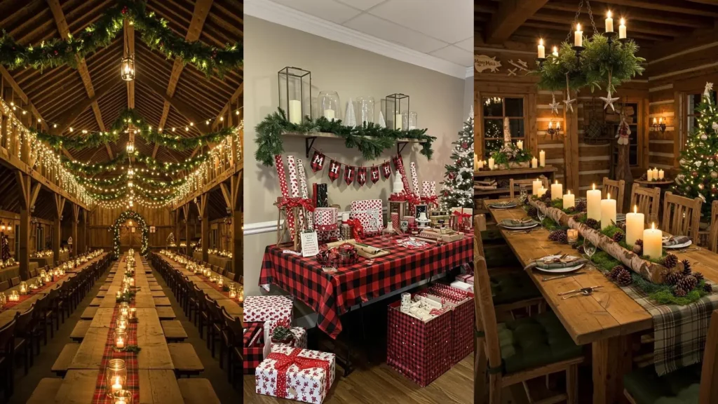 Cozy Christmas party decorations featuring plaid accents, pine garlands, and warm candlelit glows.