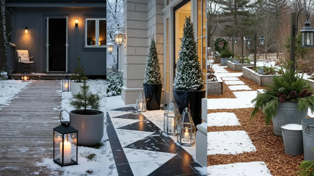 Magical snowy garden walkways featuring festive lanterns, snow-dusted pots, and winter evergreen decor.