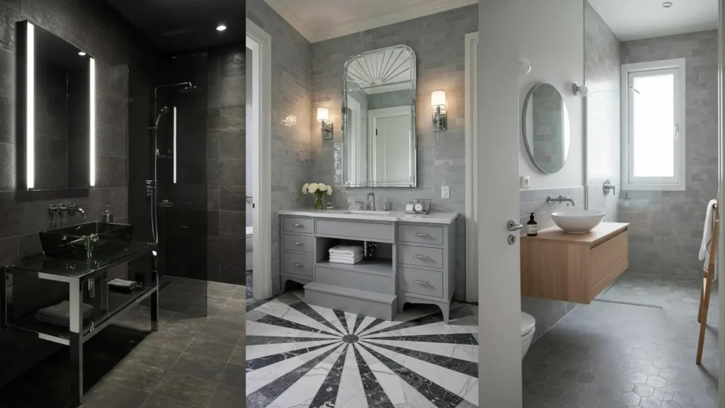 Three monochrome grey bathrooms featuring textured tiles, chrome fixtures, and stylish decor elements.
