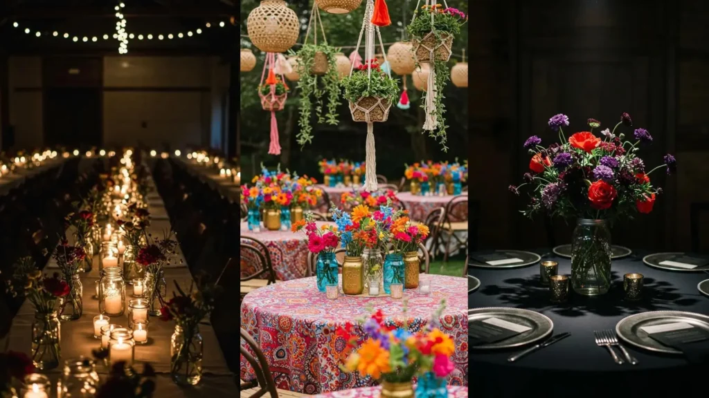 Colorful wildflower wedding table decor with mason jar vases and romantic candlelight ambiance.