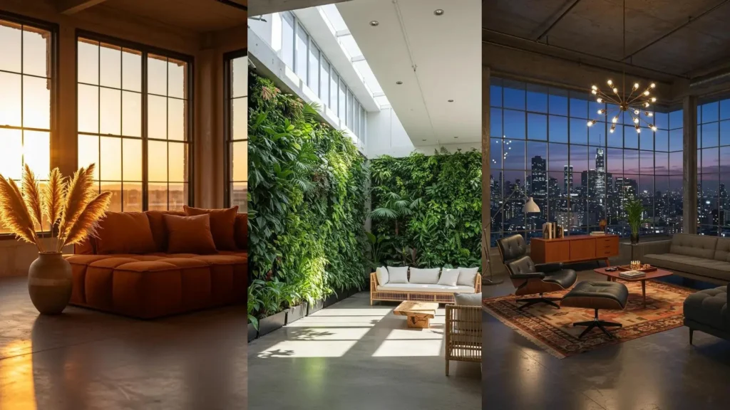 Three trendy urban loft living rooms with floor-to-ceiling windows, concrete floors, and diverse modern decor.