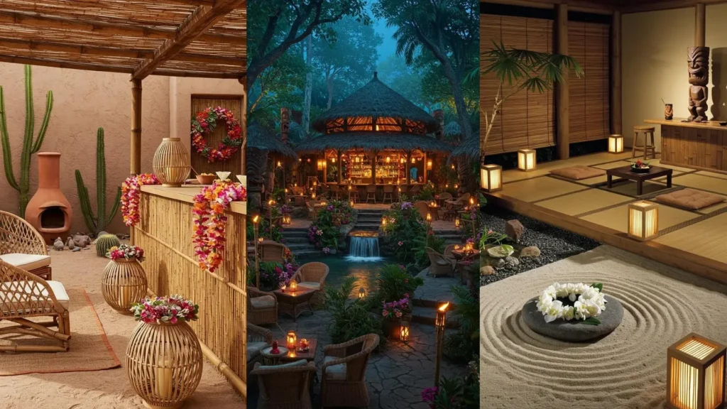 Tropical tiki terrace bars featuring bamboo lanterns, floral leis, and lush garden details for outdoor living.