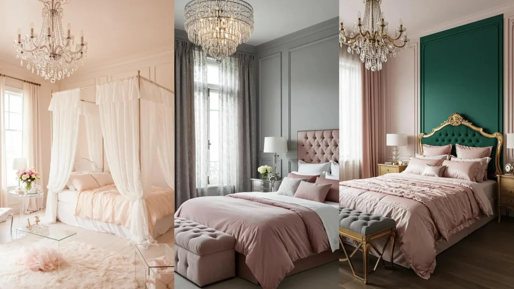Ultra-feminine blush pink bedrooms featuring elegant lace draperies and sparkling crystal chandeliers.
