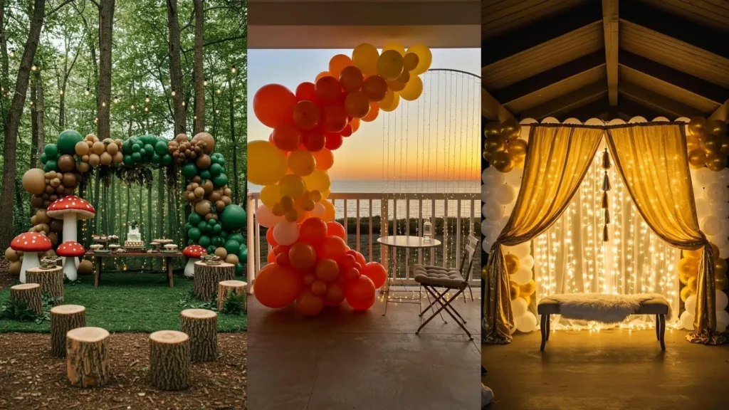 Diverse whimsical balloon patio photo backdrops with sparkling fairy light curtains for stunning events.