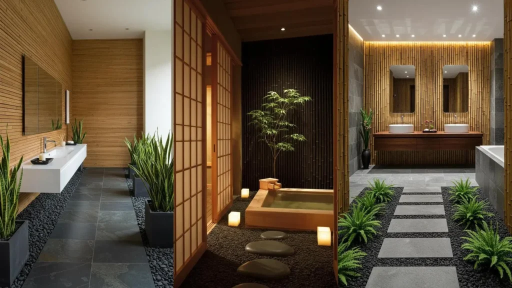 Zen bathrooms with indoor plants, bamboo slatted walls, and stone path flooring.