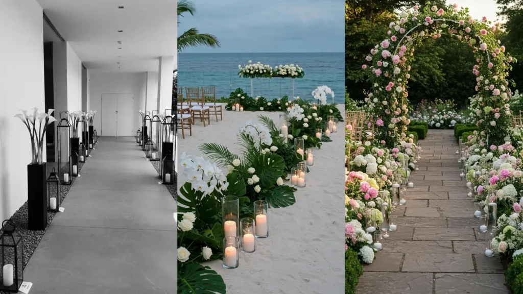 Inspiring candlelit outdoor wedding floral pathways, featuring beach and garden aisle decorations.