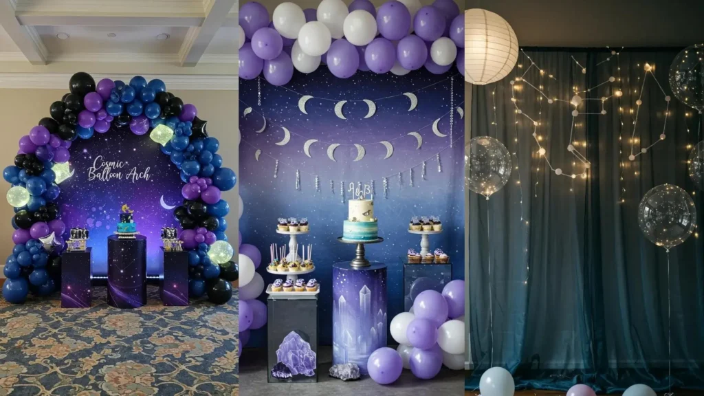 Three celestial star and moon party backdrops with glow-in-the-dark balloons for enchanting birthday decorations.