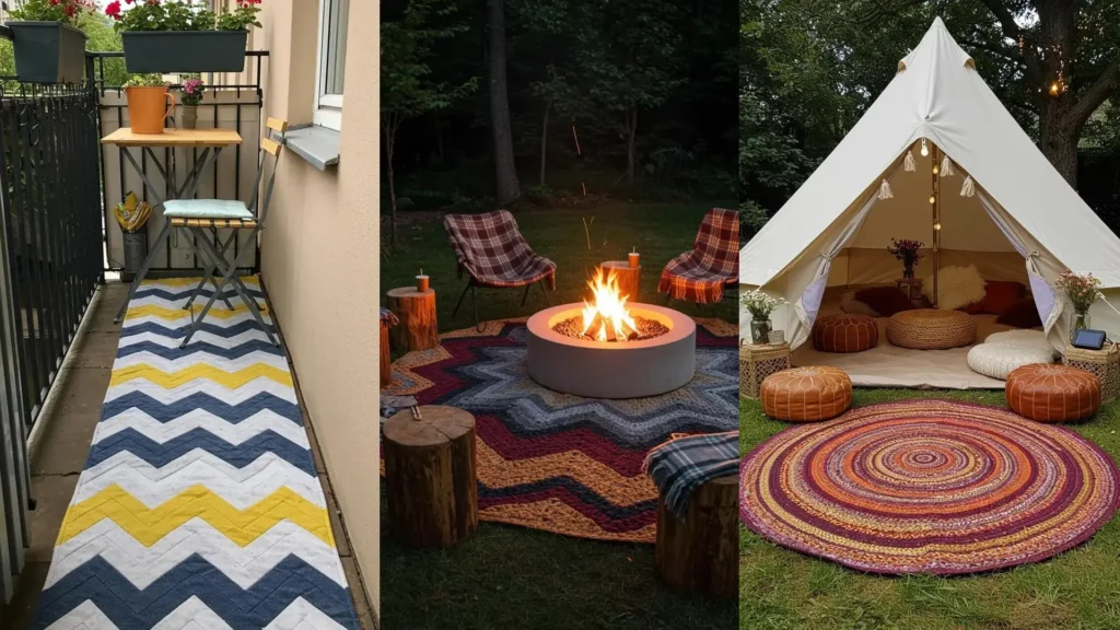 Chevron-patterned outdoor rug made from recycled t-shirts on a balcony.